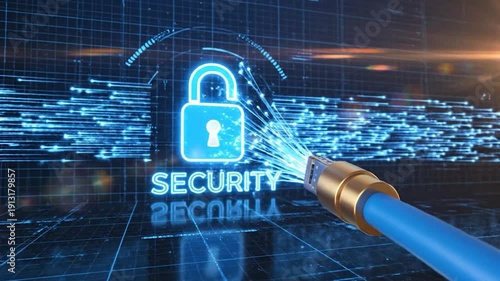 Digital security and fiber optic network data transmission with unlocked padlock icon