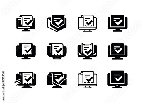 Self-checkout. Icon set. Set Logo of self-checkout: digital receipt confirmation icon. harmonious logo variations of the same emblematic