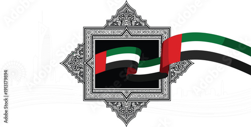 United Arab Emirates national day vector illustration featuring waving UAE flag background with skyline landmarks eagle emblem and spirit of the union theme.