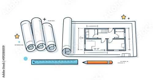 Architectural Blueprint Setup. Architectural blueprints overview. Rolled and open blueprints neatly arranged with simple tools like a ruler and pencil. The