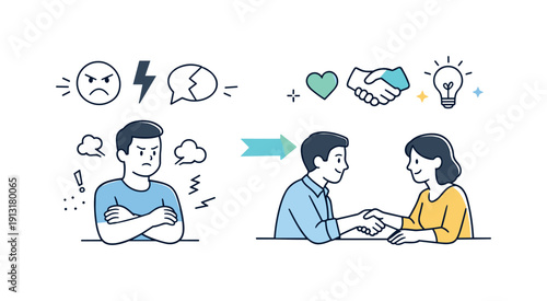 Resolving disagreement. A simple editorial scene where tension icons fade into calm symbols, showing progress toward mutual agreement.