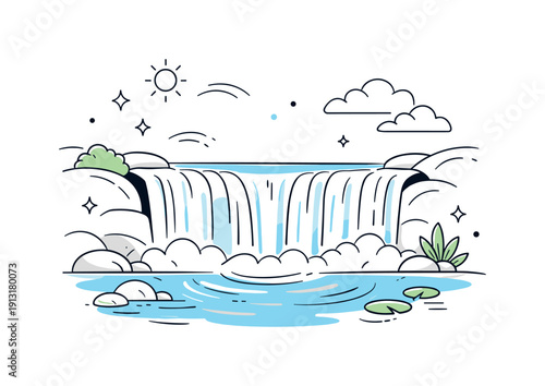Serene Waterfall Harmony. Natural waterfall scene. A wide waterfall flowing into a calm pool, smooth curves and balanced layout. Soft abstract lines highlight