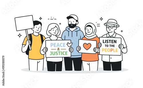 Peaceful protest. A small group of people calmly holding signs while standing together. Quiet strength, unity, and respectful expression of