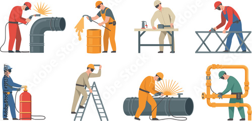 Flat vector illustration set of industrial workers welding, cutting and repairing pipelines isolated on white background collection
