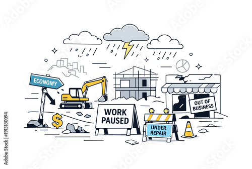 Severe weather and its impact on local economies. A storm-damaged street with broken signs and paused construction work. The scene represents