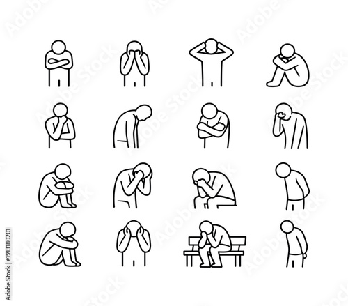 Emotional Human Posture. Line icon set of Emotional Human Posture: vulnerable standing pose, emotional body language, expressive posture,