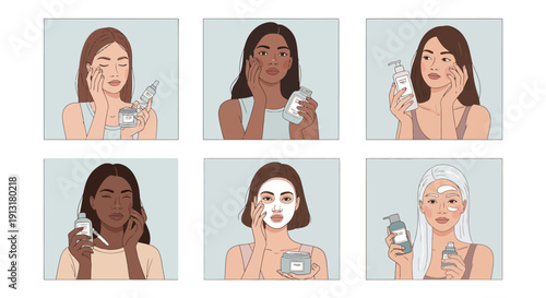 Diverse women applying skincare products for healthy, glowing complexions