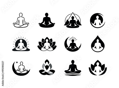 Inner peace. Icon set. Set Logo of inner peace: meditating human silhouette. harmonious logo variations of the same emblematic concept, each