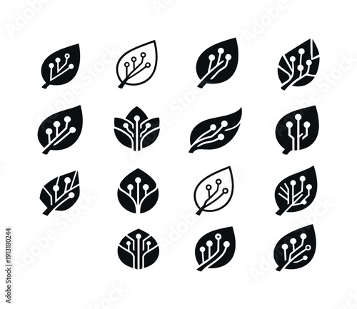 Startups in agriculture technology. Icon set. Set Logo of Startups in agriculture technology: leaf with circuit lines. harmonious logo