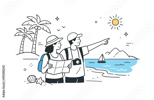 Island Adventure Awaits. Island vacation planning. Travelers standing near the shoreline, checking a map and pointing toward the ocean, palm trees swaying