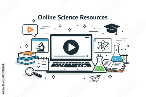 Online science resources. A laptop surrounded by icons of books, videos, and experiments, organized and accessible. The scene emphasizes open