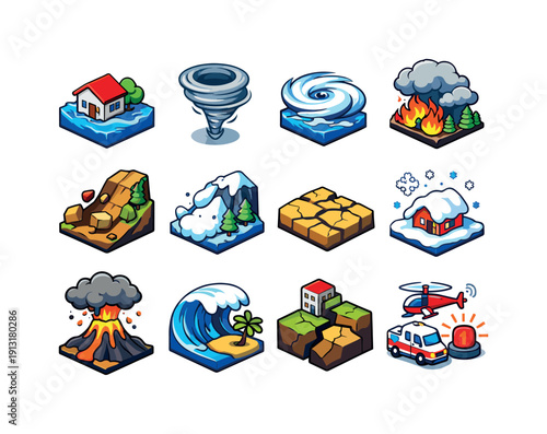Colorful Disaster Icons. Natural Disasters. Colorful isometric vector icons set of Natural Disasters: flood water rise, tornado funnel, hurricane cyclone,