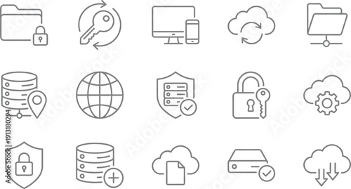 Cloud Computing and Data Security Icon Set Featuring Information Storage Symbols, Network Protection Elements, Database Management Graphic Icons, Cyber Security and Digital Hosting Vector Illustration