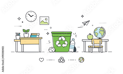 Classroom sustainability. A recycling bin as part of a tidy classroom setup, symbolizing small daily actions for the environment. Clean,