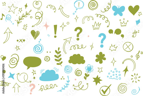 Pastel Hand Drawn Doodle Symbol Set With Arrows, Clouds and Decorative Elements