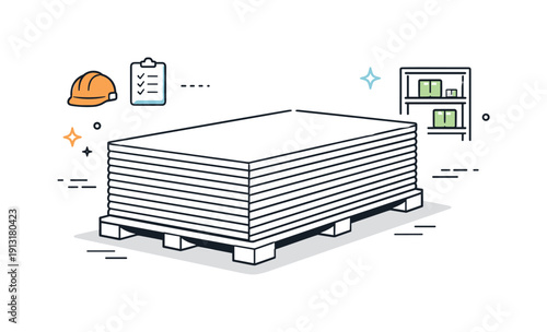 Construction materials storage. A stack of drywall sheets placed carefully in a minimal warehouse or site setting. Calm professional mood