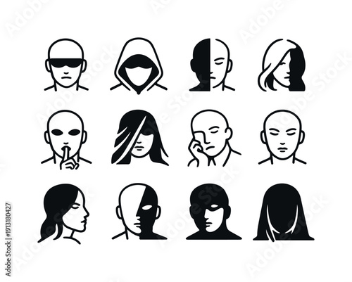 Mystery Portrait Icons. Mystery portrait lighting. Line icon set of Mystery portrait lighting: shadowed eyes face, concealed identity face, face with light