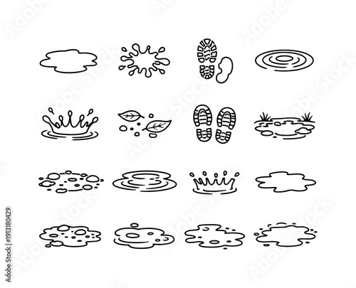 Muddy Puddle. Line icon set of Muddy Puddle: irregular puddle shape, mud splatter, footprint impression, ripple rings, splash drops, leaf
