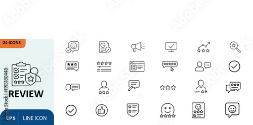 Collection of black and white review and rating icons