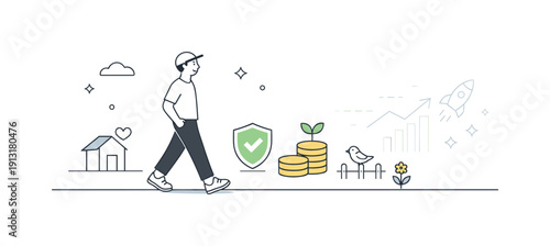 Choosing stability over growth. Calm character walking a straight, even path with subtle signs of security and simplicity along the way.