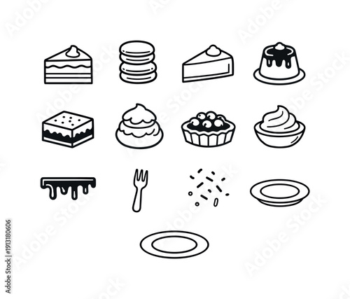 Sweet Desserts. Line icon set of Sweet Desserts: layered cake slice, macarons stack, cheesecake slice, pudding cup, brownie square, cream
