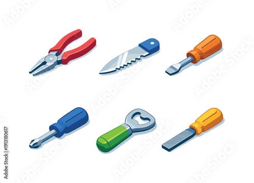 Multitool functions. Isometric flat vector icons set of multitool functions: needle-nose pliers, serrated knife blade, flathead screwdriver,