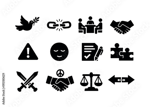 Conflict Resolution. Solid icon set of Conflict Resolution: peace dove, broken chain, negotiation table, mediation hands, warning triangle,