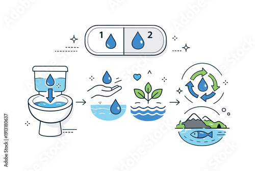 Water-saving toilet system. Editorial illustration combining a flush button with simple water icons and arrows, visually explaining efficient