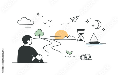 Life perspective. A person looking outward while simple symbolic elements align into a calm composition. The illustration communicates