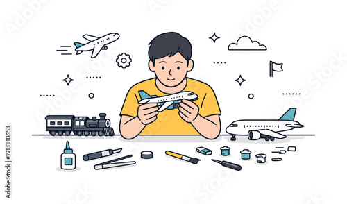 Model building lifestyle. A clean editorial composition with trains, airplanes, and small tools around a focused person,