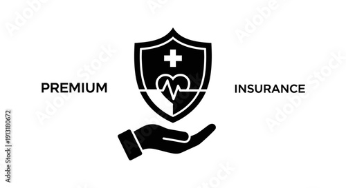 Hand offers shield with heart and cross symbol for premium health insurance protection