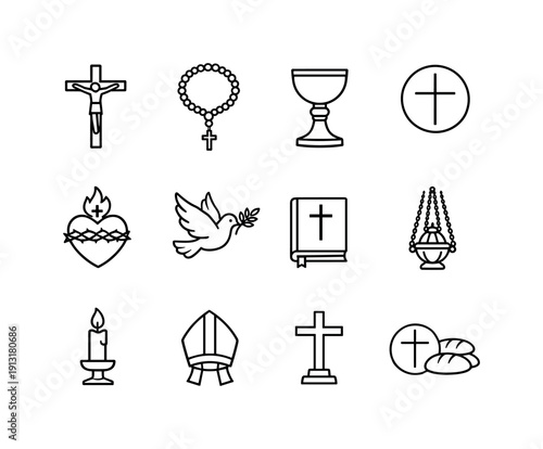 Catholic Symbols and Icons. Line icon set of Catholic Symbols and Icons: crucifix, rosary beads, chalice, host with cross, sacred heart, dove