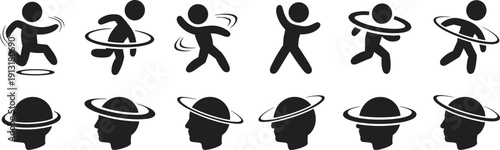 Dizziness and Vertigo Icon Set Featuring Human Silhouettes with Spinning Head Symbols for Motion Sickness Nausea Mental Confusion Equilibrium Loss and Neurological Health Design Concepts