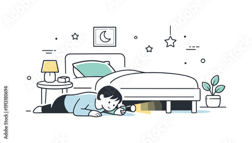 Quiet nighttime check. A person gently looking under the bed with soft lamp light, calm shapes suggesting a peaceful room. Reassurance,