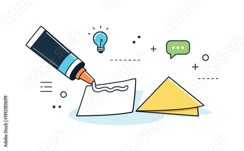 Creative Glue Moment. Adhesive application moment. A glue tube angled toward paper pieces ready to be joined, calm creative workflow. Editorial scene about