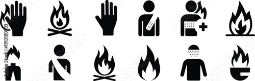 Fire Safety Icon Set Featuring Black Silhouettes of Flame Symbols Burn Injuries Bandaged Patients Emergency First Aid Procedures and Warning Signs for Professional Medical Documentation