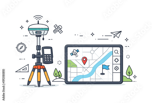 Modern surveying technology. A GPS-enabled surveying device connected to a digital map interface. Quiet blend of traditional tools and modern
