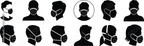Medical Face Mask Silhouette Icon Set Featuring Male and Female Avatars Wearing Protective Surgical Masks for Healthcare Safety Respiratory Protection and Pandemic Prevention Design Concepts