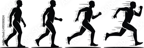 A series of athletic human silhouettes depicting the evolution from a leisurely walk to an intense sprint