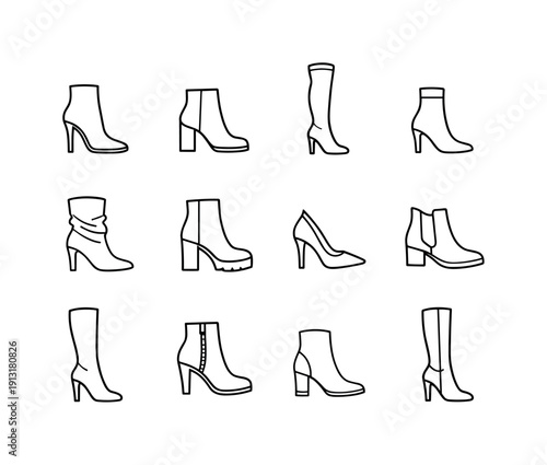 Women's Boot Icons. Women Boots. Line icon set of Women Boots: stiletto boots, block heel boots, over the knee boots, sock boots, slouchy boots, platform heel