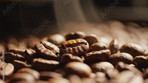 Steaming roasted coffee beans with warm light and detailed texture