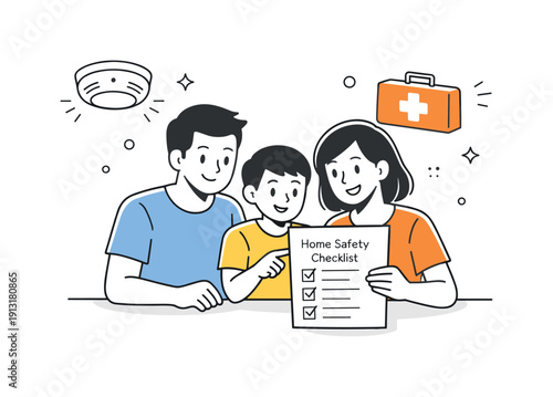 Indoor safety awareness. A family calmly reviewing a home safety checklist together, icons of smoke detector and first aid kit floating