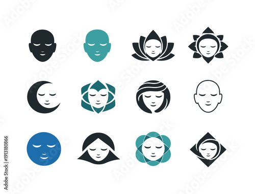 Inner peace. Icon set. Set Logo of inner peace: calm face with closed eyes. harmonious logo variations of the same emblematic concept, each