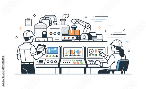 Industrial machinery. Engineers monitoring a large production machine with control panels, calm focus and precise teamwork. Clean industrial