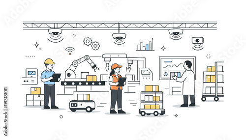 Smart factory environment. A clean factory interior with motion sensors integrated into ceilings and walls, quietly observing activity.