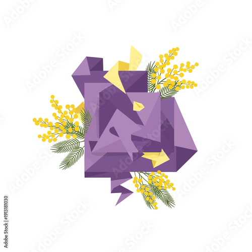 Abstract geometric purple shape with mimosa flowers and green leaves, modern design element.