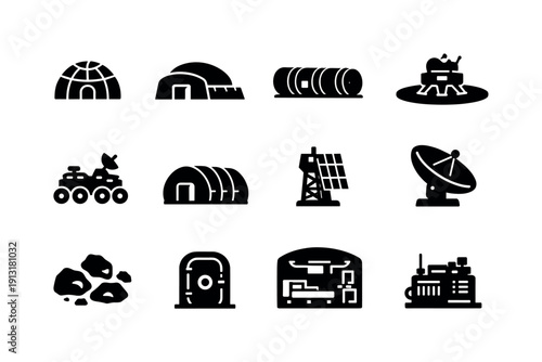 Lunar habitats. Solid icon set of Lunar habitats: moon base dome, regolith shield, pressurized tunnel, landing pad, rover vehicle, inflatable