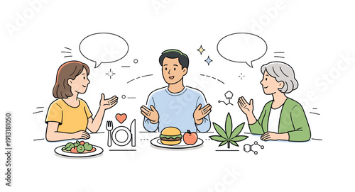 Food and cannabis discussion. People talking at a table with plates and symbolic plant icons between them, emphasizing conversation and