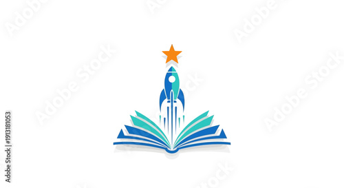 Rocket launching from open book symbolizes imagination, knowledge, and future success.