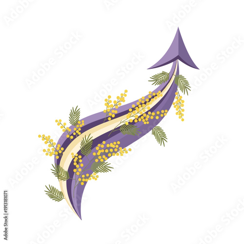 Purple arrow with mimosa flowers and green leaves pointing upwards, symbolizing growth and success.